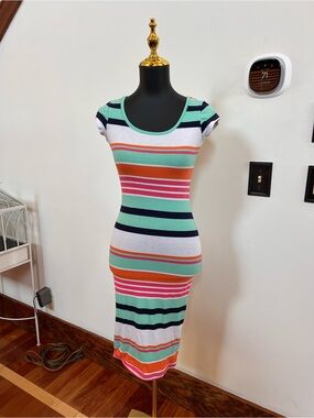 Striped Scoop Neck Bodycon Dress in Mint and Coral S